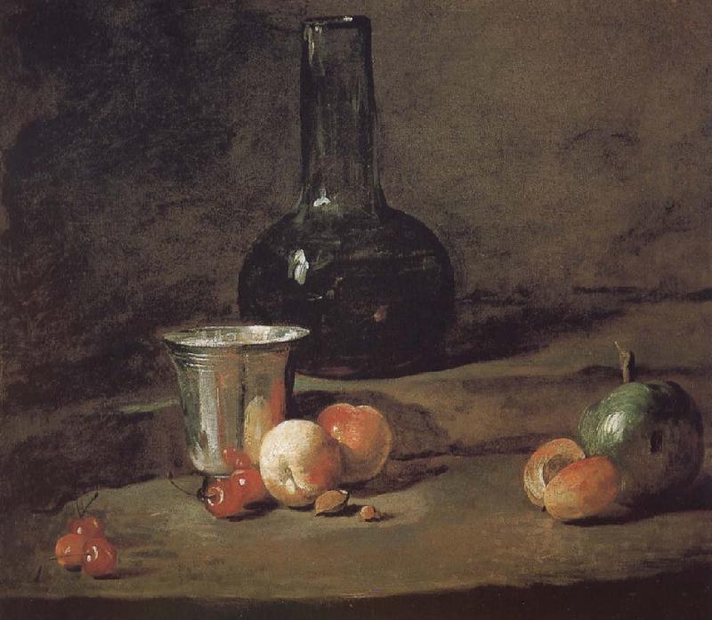 Jean Baptiste Simeon Chardin Wine glass bottles fitted five silver Cherry wine a two peach apricot, and a green apple